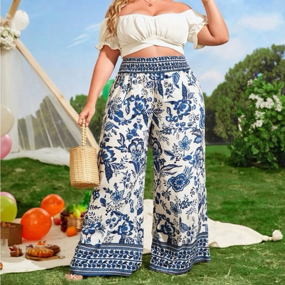 Boho Style Floral Print Split Thigh Belted Wide Leg Pants main image 1